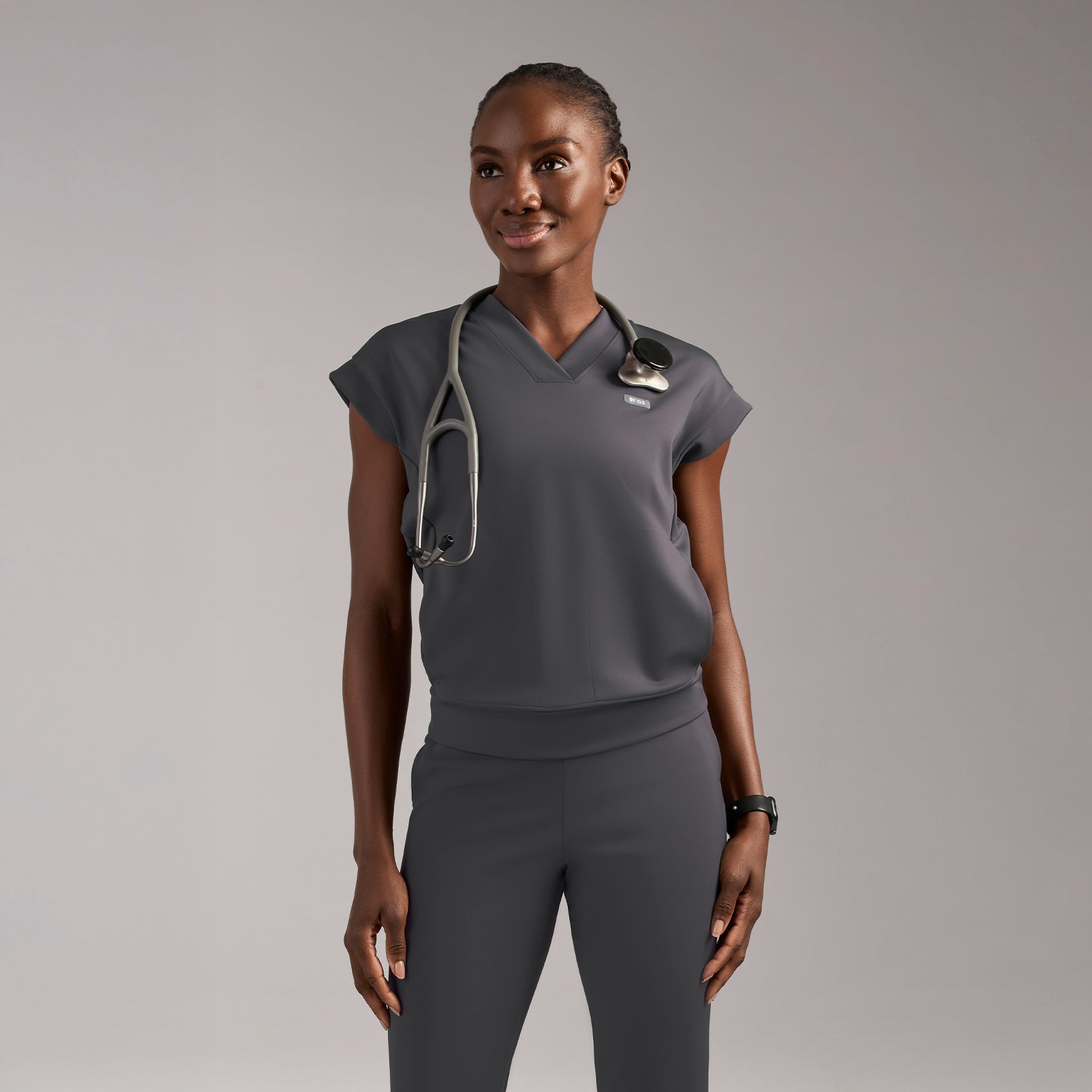 Mira Banded Scrub Top - Charcoal