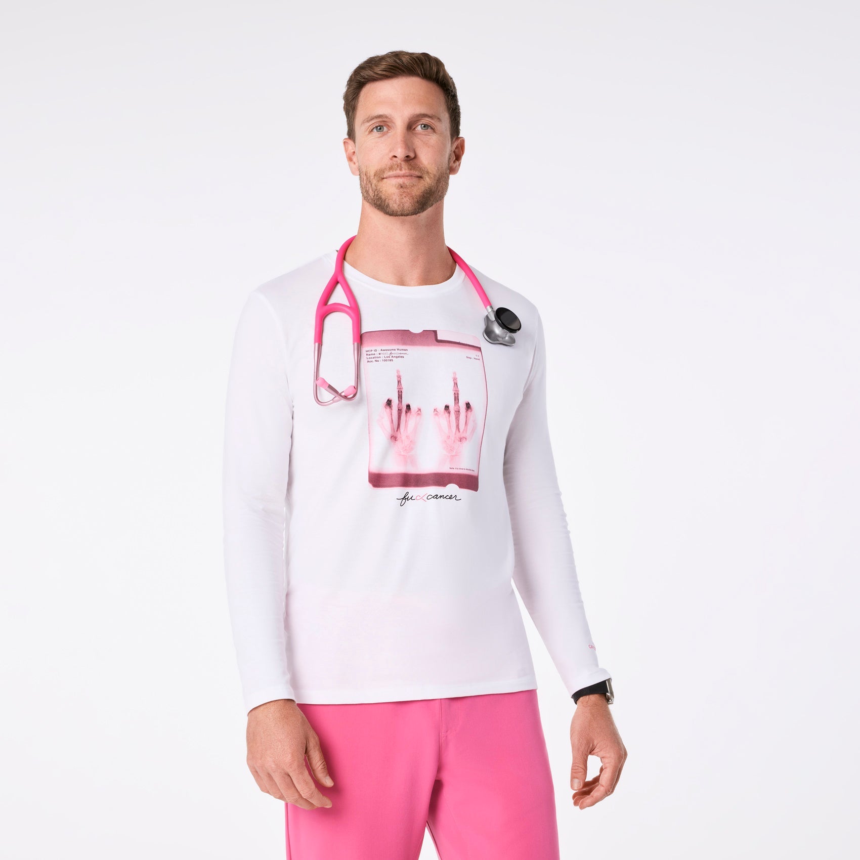 F Cancer Long-Sleeve Underscrub - White