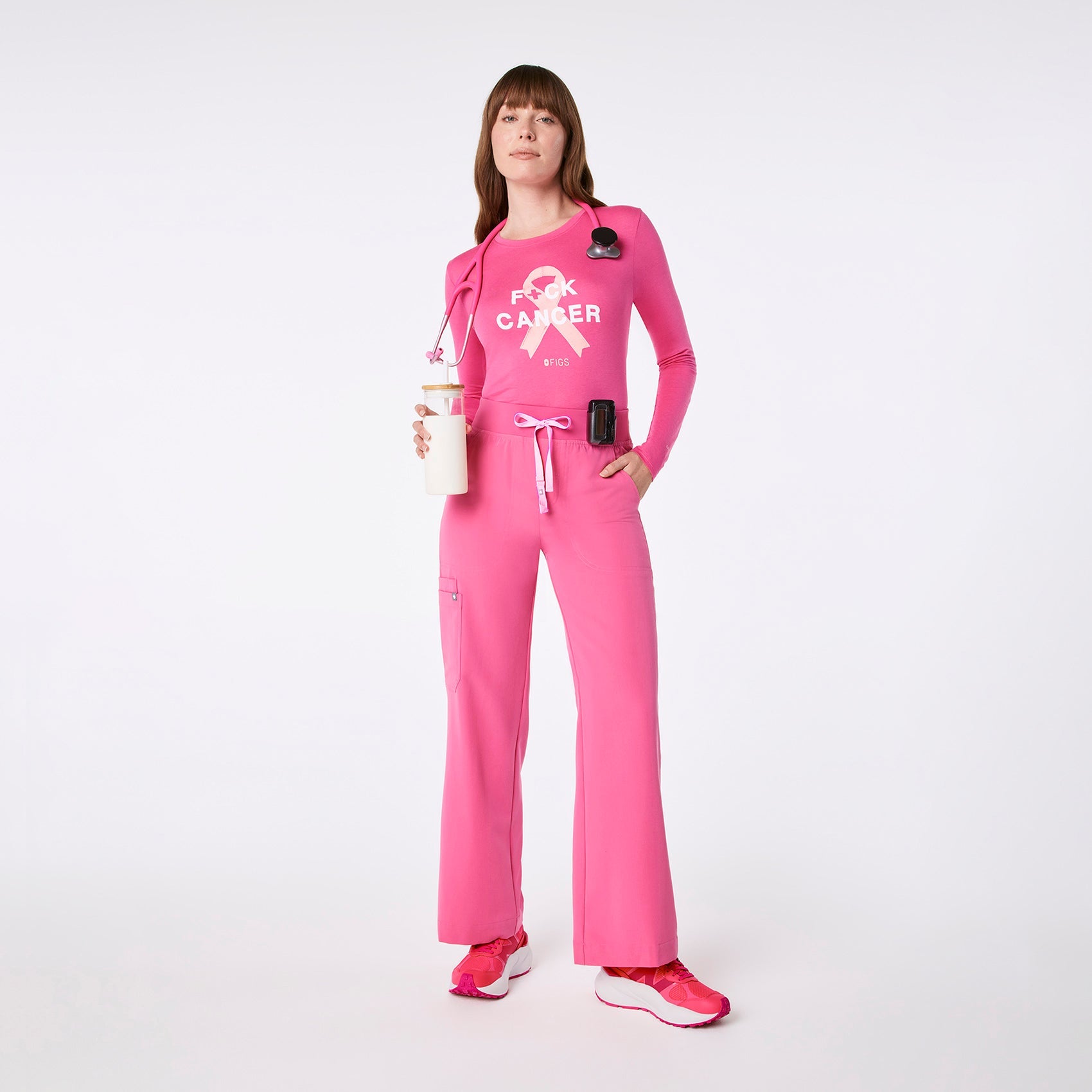 F Cancer Ribbon Long-Sleeve Underscrub - F*ing Pink