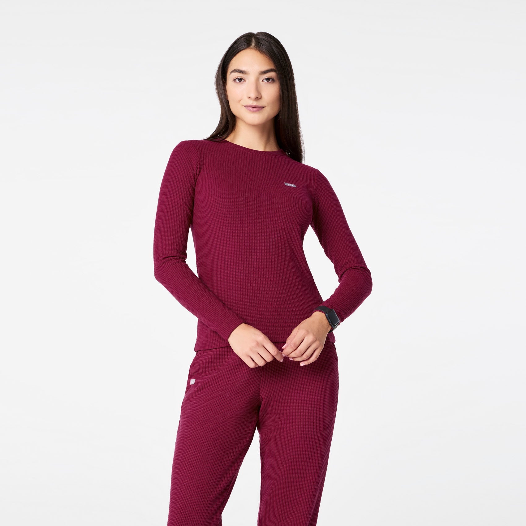 Off-Shift Waffle Crewneck Top™ - Deep Cranberry