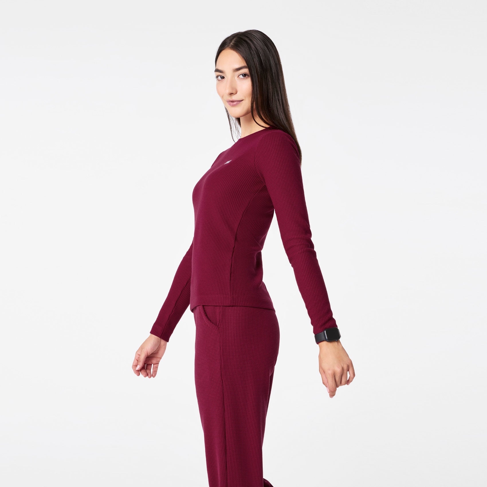 Off-Shift Waffle Crewneck Top™ - Deep Cranberry