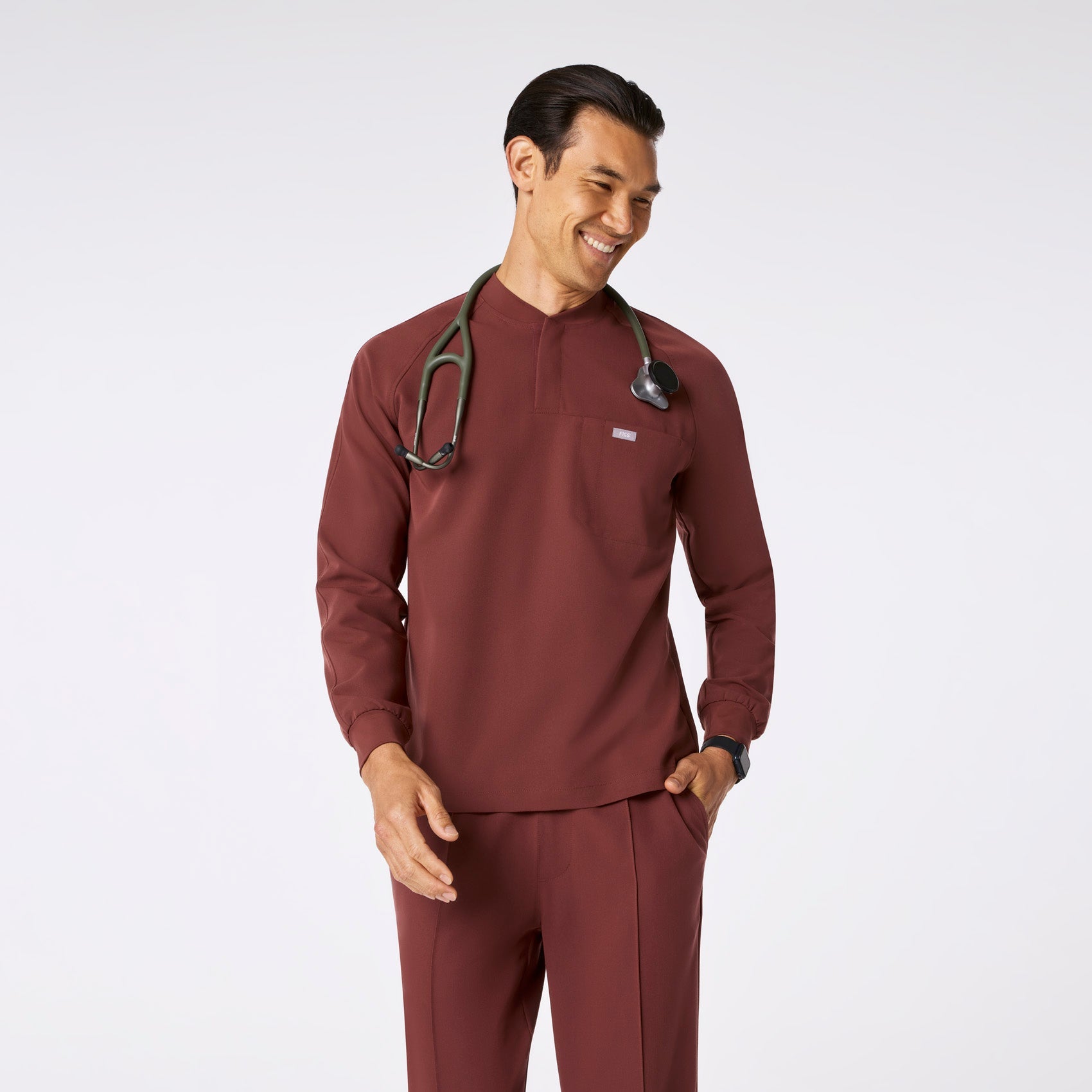 Stratton Henley Long-Sleeve Scrub Top - Walnut