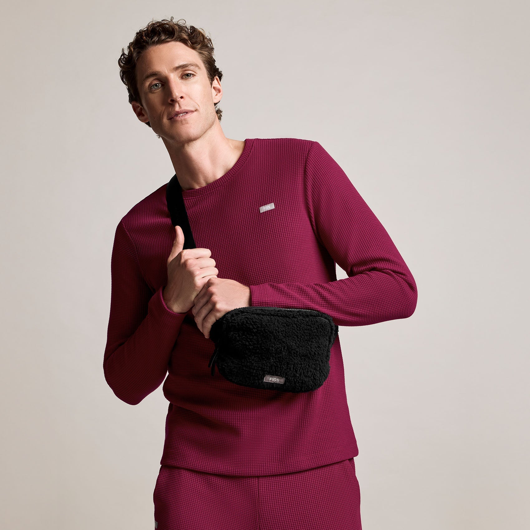 Off-Shift Waffle Crewneck Top™ - Deep Cranberry