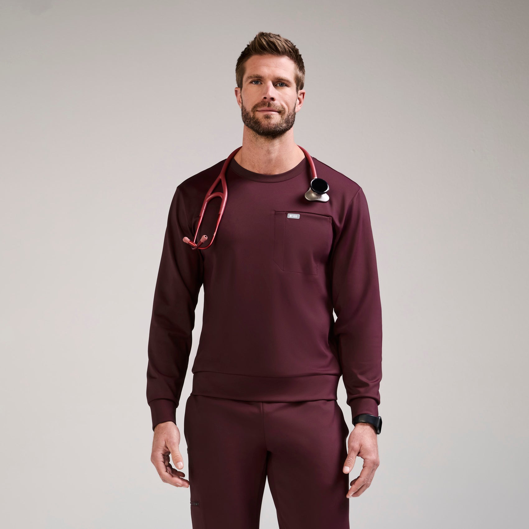 Destin Relaxed Long-Sleeve Scrub Top - Burgundy