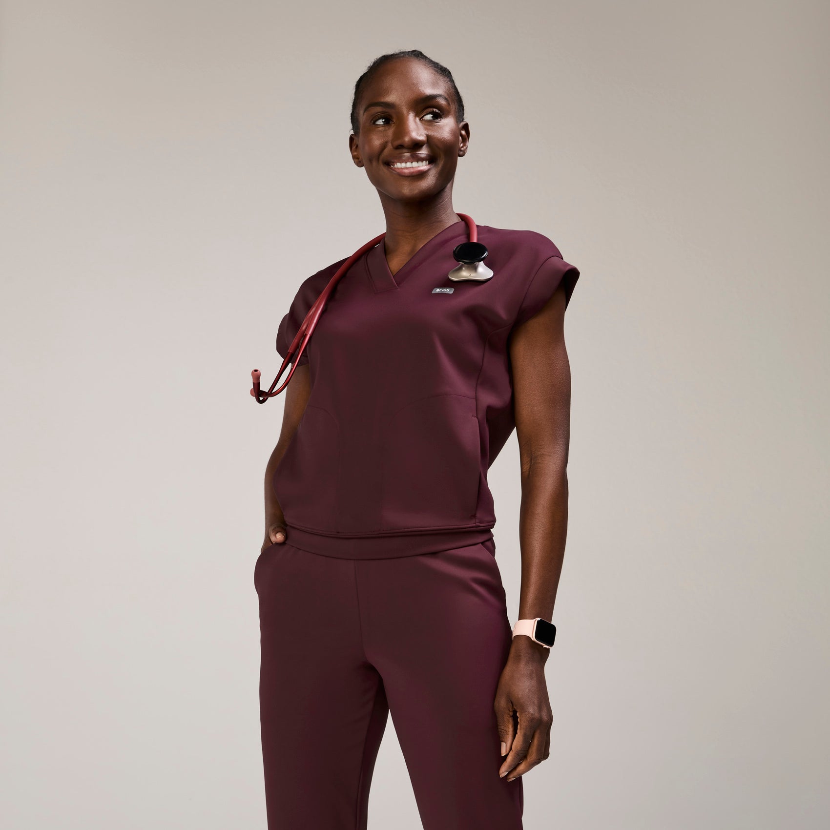 Mira Banded Scrub Top - Burgundy